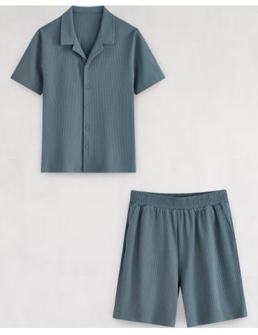 Ensemble gauffré chemise et pantalon bleu