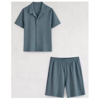 Ensemble gauffré chemise et pantalon bleu
