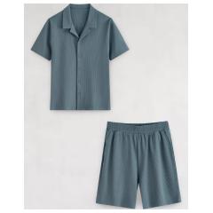 Ensemble gauffré chemise et pantalon bleu